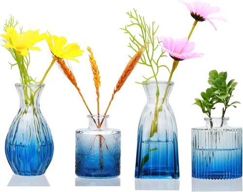 Vista 10 de Juego de jarrones de cristal Mapoxy para brotes de flores, juego de 4, jarrones azules pequeños para centro de mesa de boda, decoraciones de mesa