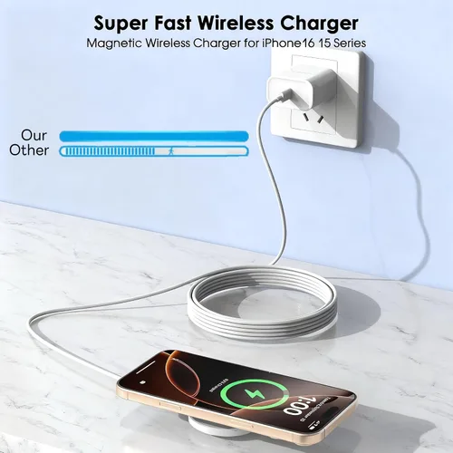 Vista 6 de Cargador inalámbrico magnético de 10 pies Apple Fast Mag-Safe, con 15 W USB C de carga rápida PD bloque para iPhone 16/16 Plus/16 Pro/Pro Max/iPhone