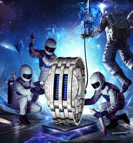 Vista 6 de Binary Matrix Blue led - Reloj Digital para hombre, moda clásica y creativa, color negro chapado