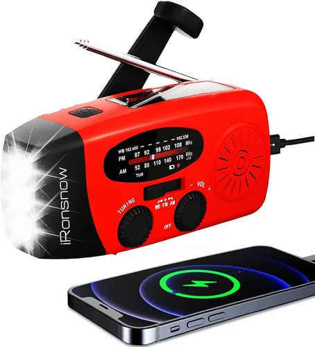 Vista 14 de Radio meteorológica de emergencia con manivela de emergencia de 18500mWh/5000mAh, radios solares iRonsnow NOAA/FM/AM, radio de supervivencia Rojo