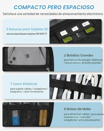 Vista 3 de Funda organizadora BAGSMART universal y portátil para cables y cargadores, Negro Accesorios de la tecnología, almacenamiento del cable