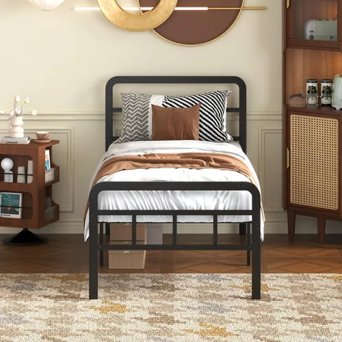Vista 6 de Marco de cama de metal de 18 pulgadas con cabecero y estribo Cama extra resistente con espacio de almacenamiento, listones de acero, sin ruido,
