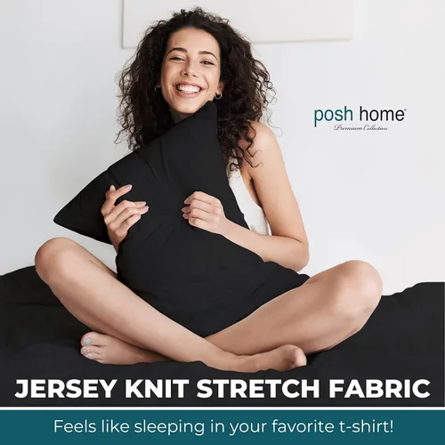 Vista 2 de Posh Home Juego de sábanas de punto de jersey, sábanas de 3 piezas, sábanas de jersey de algodón transpirable y suave, incluye sábana encimera