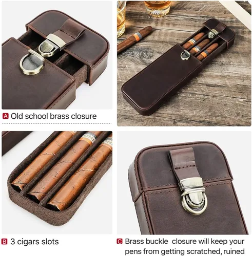 Vista 4 de CONTACTS Crazy Horse - Estuche de cuero para cigarros, caja de cigarros de viaje, 3 ranuras, funda para humidor, organizador portátil por Handmade