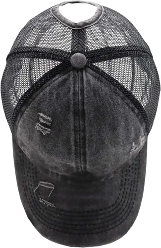 Vista 5 de Gorra de béisbol para cola de caballo para mujer, ajustable, vintage, estilo camionero, mezclilla lavada