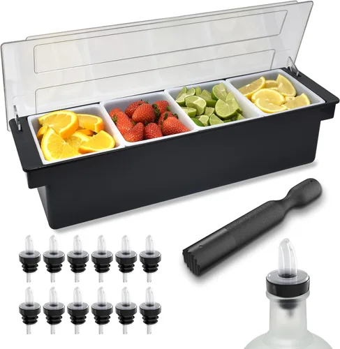 Vista 11 de Esatto - Porta condimentos para bar, bandeja de guarnición refrigerada con tapa para bar, 4 insertos de 1/2 pinta, con 12 vertedores para botellas