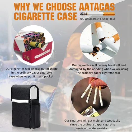 Vista 4 de Caja de cigarrillos deslizante de piel sintética con soporte para encendedor y trabilla para cinturón para hombres y mujeres, unisex