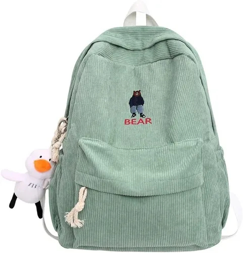 Vista 9 de YUESUO Mochila grande de pana Kawaii con bonito colgante de oso vintage para niña, estudiante, mochila escolar, Beige, Classic