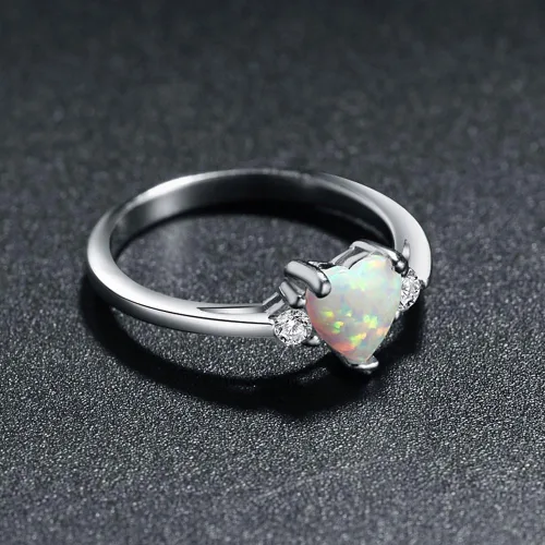 Vista 4 de Anillo de compromiso de plata de ley 925 con forma de corazón de ópalo blanco