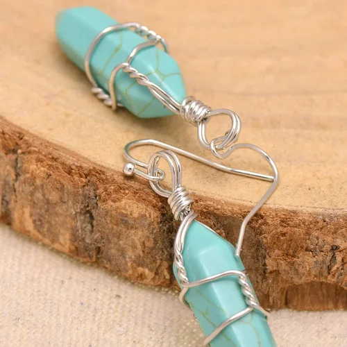 Vista 15 de Pendientes de cristal de punta envuelta en alambre de piedra pulida para mujer Reiki Energy Healing