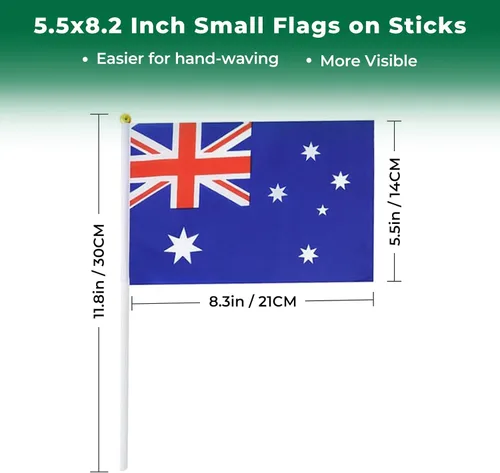Vista 2 de Bandera de Australia Pequeña Bandera Australiana Paquete de 12 Mini Banderas de Mano Australianas en Palos para Desfiles de Fiesta, Eventos