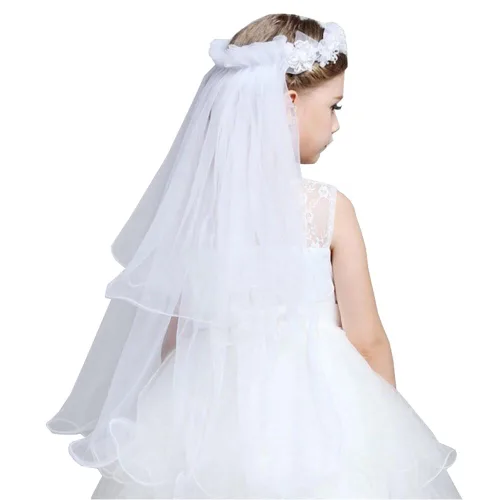 Vista 2 de Diadema de dos capas con velo de primera comunión para niñas, corona floral (perla y flor), Perla y flor