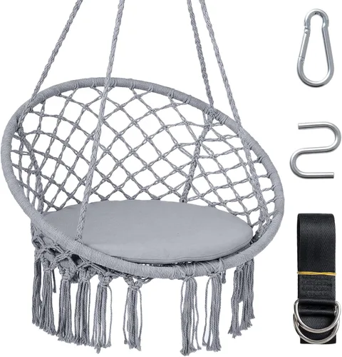 Vista 17 de Happygrill Silla de columpio, hamaca de macramé con cojín de asiento redondo, cuerdas de algodón de poliéster resistentes y anillos de metal Beige