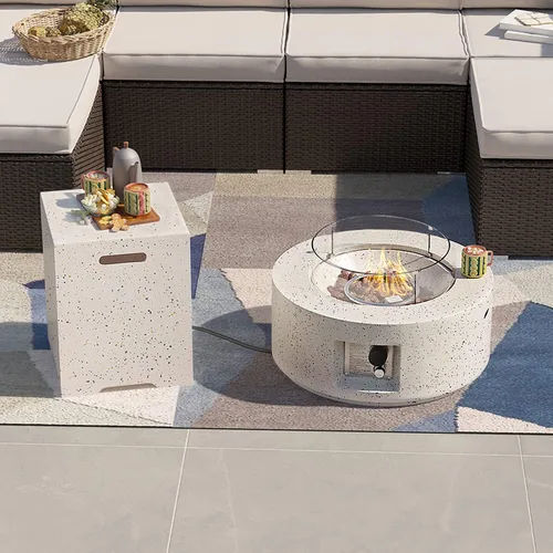 Vista 9 de SUNBURY Mesa de fuego de propano para exteriores de 42 pulgadas, mesa rectangular con tanque de 40,000 BTU, mesa de gas blanca manchada para patio