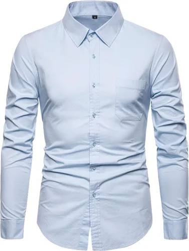 Vista 10 de Camisas de vestir con botones, manga larga, estilo casual, para hombre, con bolsillo en el pecho Azul (Acid Blue)