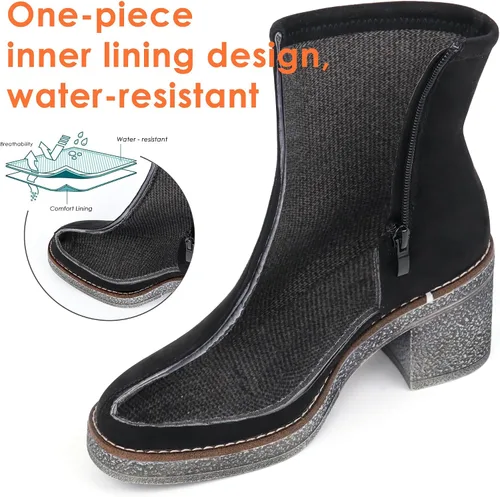 Vista 4 de JABASIC Botas de tobillo para mujer, tacón bajo, tacón grueso, botas de vestir con cremallera lateral