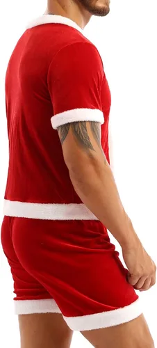 Vista 2 de Disfraz de Papá Noel de Navidad para hombre, traje de adulto, traje de fiesta de cosplay, camiseta y pantalones cortos