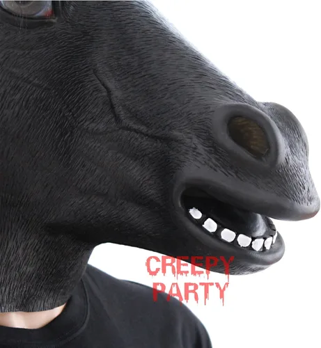 Vista 6 de CreepyPart máscara de látex con forma de cabeza de caballo para Halloween, color negro