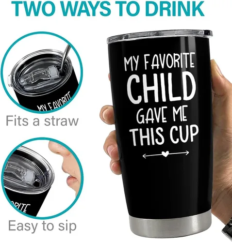 Vista 8 de SANDJEST Vaso aislado de acero inoxidable de 20 onzas para papá, divertido con texto en inglés "My Favorite Child Gave Me This Cup", taza de viaje
