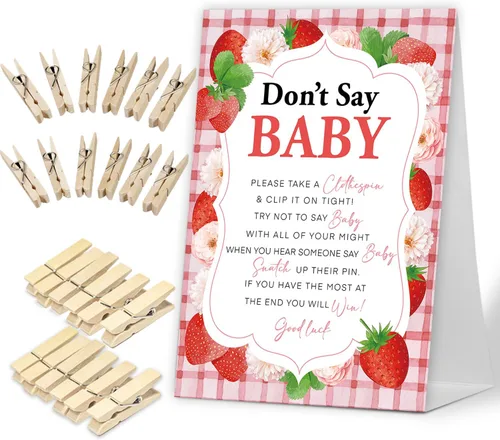 Vista 9 de No digas juego de bebé, Here Comes the Sun, juego de baby shower incluye letrero de baby shower y 50 pinzas para la ropa, decoración de baby shower