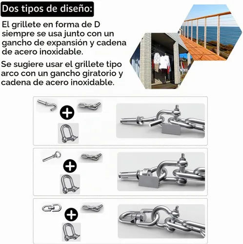 Vista 6 de Grillete en forma de D de acero inoxidable 304 5/32", 1/4", 5/16", 3/8", 9/16", para cadenas, cable de alambre, elevación, camping al aire libre