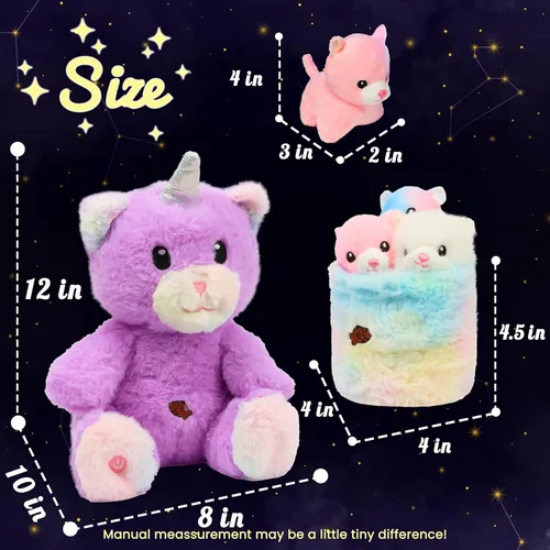 Vista 3 de Hopearl Gato de peluche LED con cubo extraíble que ilumina a mamá gata, con 3 gatitos en la canasta, juego de animales de peluche con luces