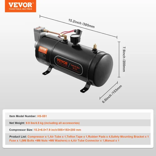 Vista 7 de VEVOR Compresor de aire de 12 V con tanque de 0.8 galones/3 L, compresor de aire de bocinas de tren, sistema de compresor de aire a bordo de 120 psi