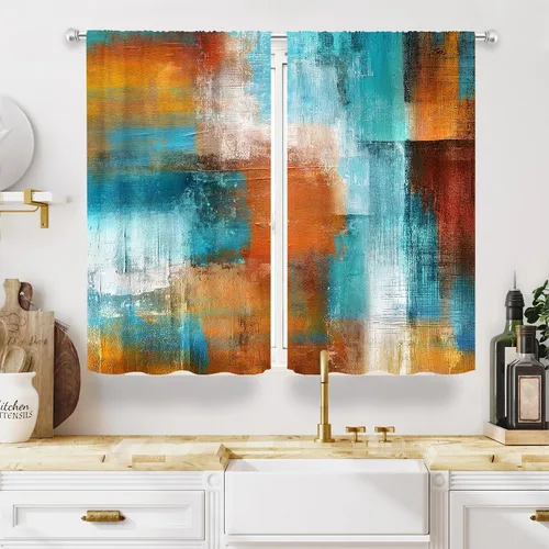 Vista 10 de MESHELLY Cortinas Rojas Abstractas 42Wx63H Pulgadas Bolsillo para Varilla Bloques Rústicos Borgoña Marrón Pintura al Óleo Casa de Campo Dormitorio