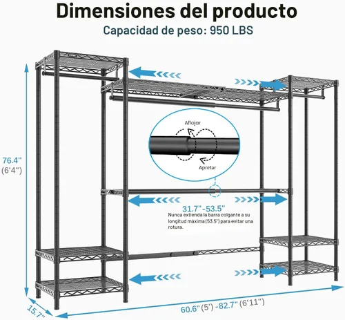 Vista 5 de VIPEK X30 Perchero extensible ajustable de 5 pies a 6 pies 11 pulgadas, capacidad de 950 libras, armario portátil resistente con 4 barras de Negro
