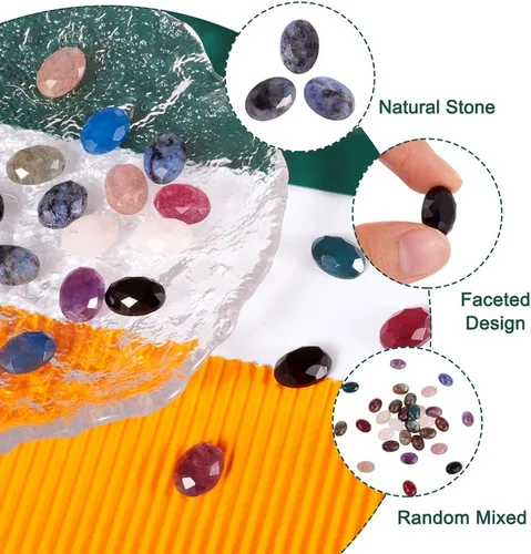 Vista 5 de Fashewelry 30 piezas de cabujones de piedra natural mixta de 0.55 x 0.39 pulgadas con parte trasera plana, azulejos de camafeo ovalados facetados