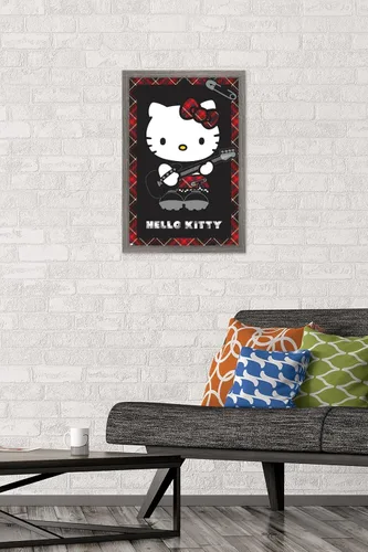 Vista 2 de Hello Kitty: Póster de pared rojo punk de 22.4 pulgadas de largo x 14.7 pulgadas de ancho, versión enmarcada de madera de granero