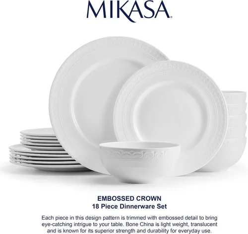 Vista 5 de Mikasa Crown White - Juego de vajilla de 18 piezas resistente a las astillas, servicio para 6 personas