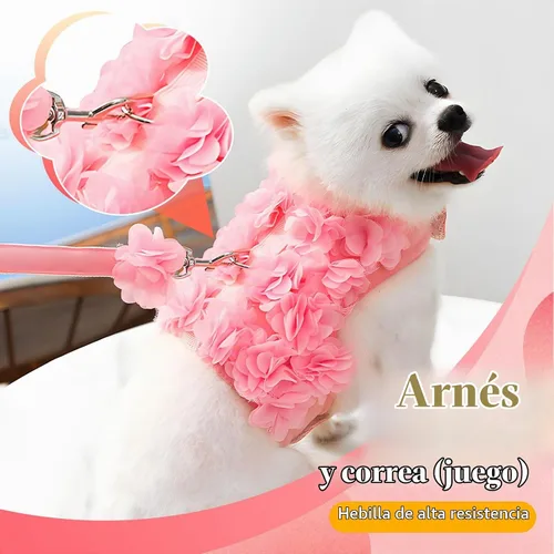Vista 2 de Lindo arnés y correa para perros pequeños, arnés de encaje rosa floral para cachorros para perros pequeños, gatos, malla suave, chaleco para perro