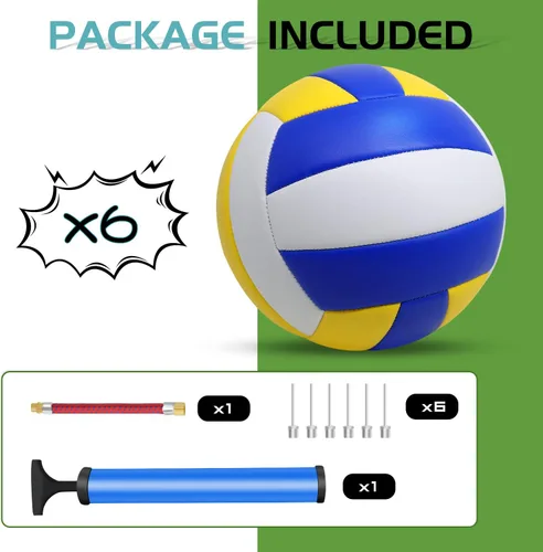 Vista 6 de Paquete de 6 pelotas de voleibol tamaño oficial 5 de cuero compuesto inflables con bomba para mujeres, hombres, para exteriores, interiores, playa