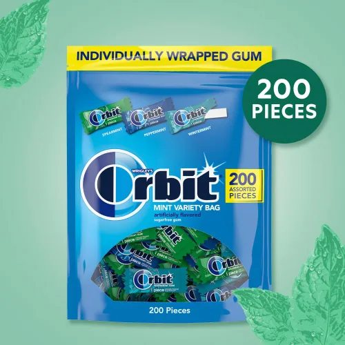 Vista 10 de Orbit - Goma de mascar con sabor a menta, menta verde y menta de invierno, paquete al por mayor sin azúcar, bolsa de 200 piezas, 13.4 oz Minty