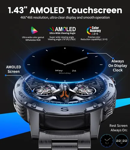 Vista 2 de LIGE EF1 - Relojes inteligentes para hombre, 1.43 pulgadas AMOLED Smartwatch con frecuencia cardíaca 24/7 para Android iOS, más de 170 modos