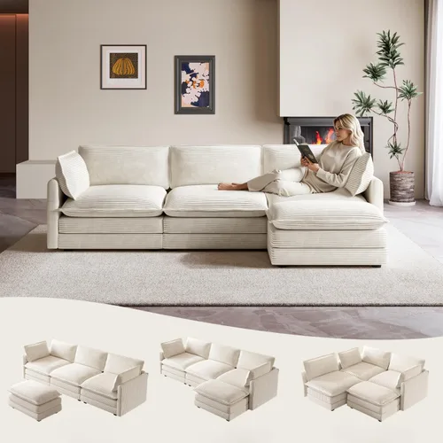 Vista 37 de ROWHY Sillón individual con otomano, sofá moderno de corduroy en forma de nube con chaise convertible, sofá tapizado para sala de estar, beige