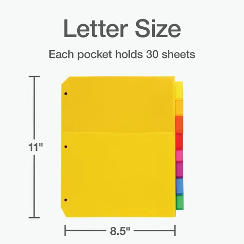 Vista 3 de Oxford Separadores de plástico con 2 bolsillos, separadores de pestañas de corte de 8 pestañas de 1/8, pestañas multicolor grandes, tamaño carta, 24