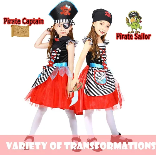 Vista 2 de Wbesty Disfraz de pirata para niñas con vestido espada sombrero parche de ojos bufanda triangular