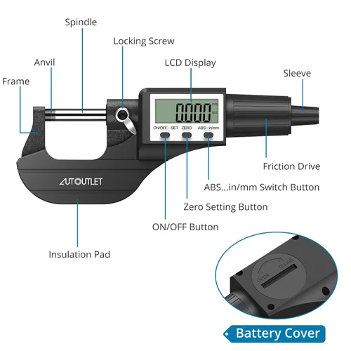 Vista 4 de AUTOUTLET 0.000-0.984 in/0-1 micrómetro digital - Herramienta de medición de precisión con sonda endurecida sinterizada de acero inoxidable