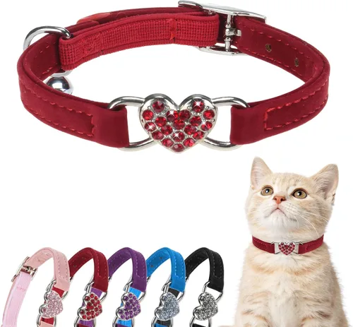Vista 10 de BINGPET collar ajustable para gatos, de terciopelo suave, seguro, collares Bling diamante con cascabel, Adjustable, Negro Negro