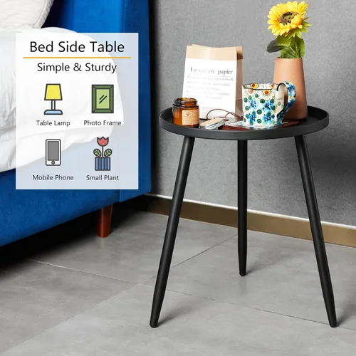Vista 8 de Linpla Mesas auxiliares/auxiliares decentes – Pequeña mesa redonda decorativa, mesitas de noche estrechas de metal negro con 3 patas, ideal