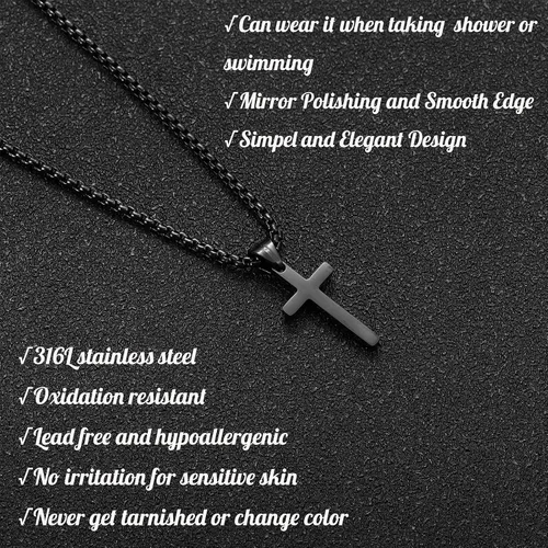 Vista 3 de HSWYFCJY Collar de cruz para hombre, plata negra y oro, acero inoxidable, con dije de cruz lisa, collar con colgante de cruz, joyería fiel