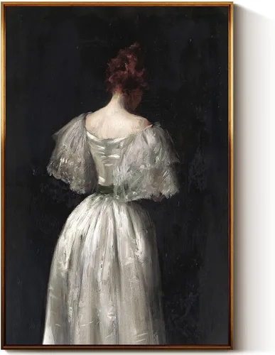 Vista 31 de InSimSea Arte de Pared en Lienzo Vintage con Marco Dorado Dama del Siglo XVII en Vestido Blanco Tono Oscuro 12 x 16 pulgadas, Retrato Melancólico