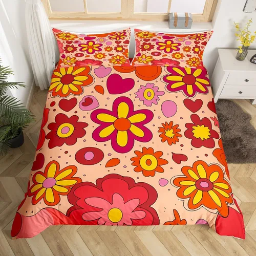 Vista 34 de Juego de ropa de cama Groovy de los años 60 y 70 para niños, funda de edredón retro de flores hippie para niños, adolescentes, vintage, bohemio