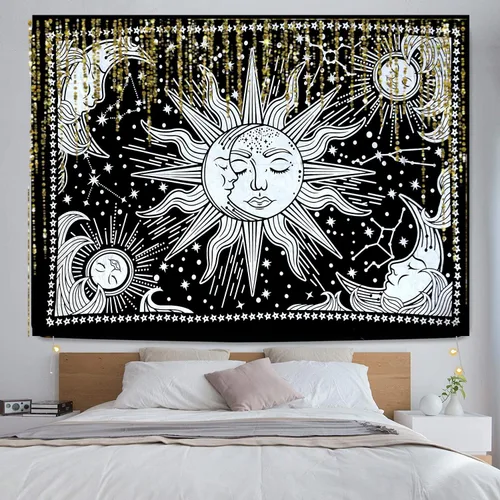Vista 4 de ICC - Tapiz de sol y luna, tapiz de sol blanco y negro, sábana para colgar en la pared, decoración de habitación, tapices estéticos de arte místico