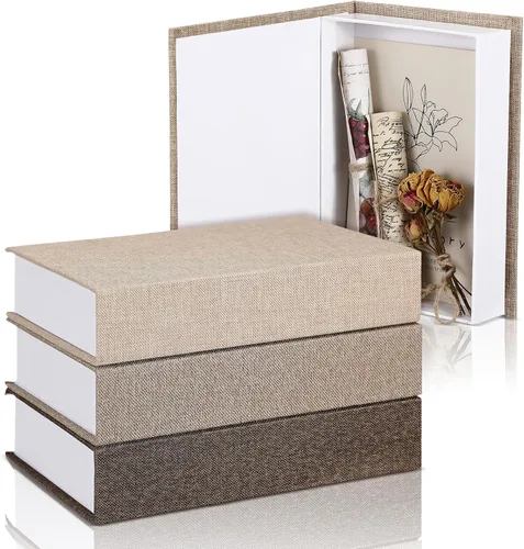 Vista 15 de Tioncy Caja de libros falsos de lino neutro, 3 piezas, decoración de imitación para decoración del hogar, estantes, mesa, tarjetas, fotos, regalo