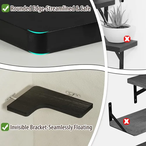 Vista 4 de SAUMONIERES Estantes flotantes de esquina de madera maciza para dormitorio, baño, cocina, almacenamiento, juego de 3, negro, soportes invisibles