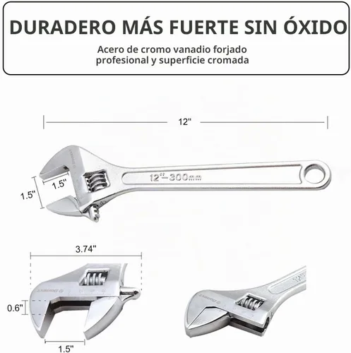 Vista 3 de Llave ajustable de 12 pulgadas Herramienta de mano profesional CR-V Llave de plata