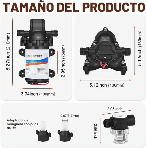 Vista 9 de YOUNGTREE Bomba de diafragma de agua de 12 V CC, 3.5 GPM, 45 PSI, bomba de presión de agua dulce autocebante de 12 voltios con interruptor